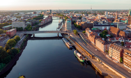 Bremen, Germany. Aerial View on Historical Center of Bremen, Marktplatz at Sunrise.の写真素材