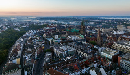 Bremen, Germany. Aerial View on Historical Center of Bremen, Marktplatz at Sunrise.の写真素材