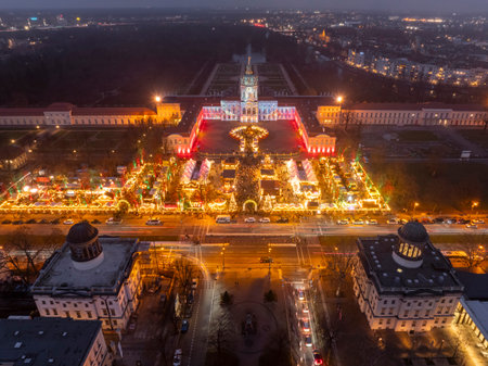 Christmas market in Berlin. Aerial Shot of Weihnachtsmark on Charlottenburg Palace. Winter Holidays in Berlin, Germany.の写真素材