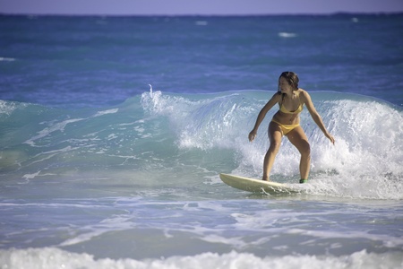 young woman surfing in hawaiiの写真素材