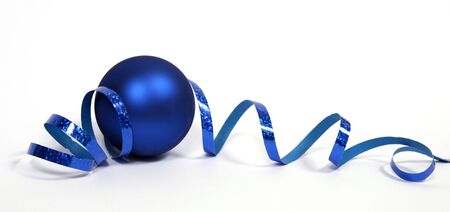 Blue bauble with the blue ribbon on the white backgroundの写真素材
