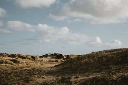 Typical sand dunes on the coastline of North sea on the Denmark RÃ¸mÃ¸ island with the afternoon sun light during the autumn day with clouds and blue sky in backgroundの写真素材