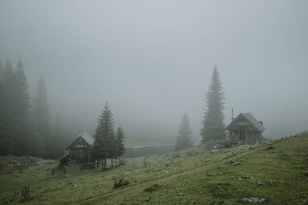 Beautiful place with green pastures in mountains around the lake, called Planina pri jezeru in Triglav national park in Slovenia with traditional wooden huts for herdsmen in the summer misty dayの写真素材
