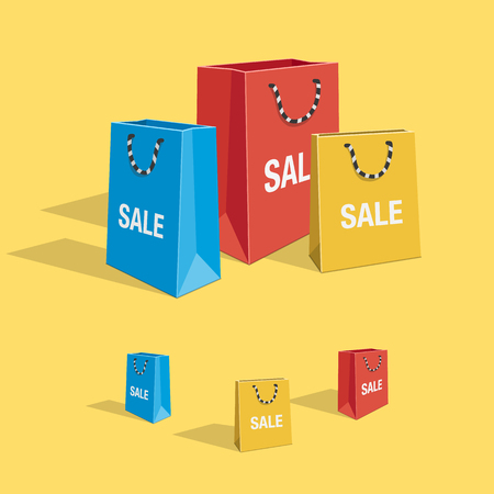 Colorful shopping bags vector set. All bags are isolated on light yellow background. Easy to use and editable for your design with transparent shadows.のイラスト素材