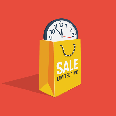 Special offer sale discount symbol with yellow shopping bag wall and watch isolated on red background. Easy to use for your design with transparent shadows.のイラスト素材