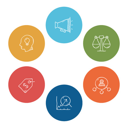 Simple doodle set of business vector icons. Contains icons as droughts Value, Productivity, Sales, Growth, News and Teamwork.のイラスト素材