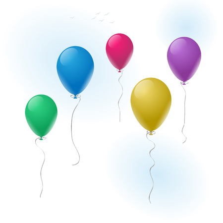 Collection of five different colored party balloons flying in the sky. Easy to use for your design with transparency.のイラスト素材