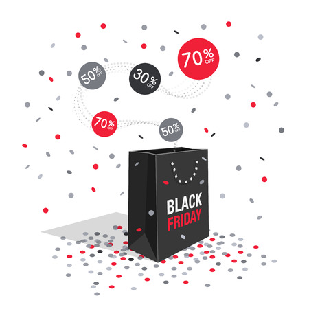 Special offer Black Friday discount symbol with shopping bag and flow labels isolated on a light blue background. Easy to use for your design with transparent shadows.のイラスト素材