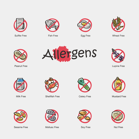 Set of allergens icons isolated on light background. Contains droughts icons as fish, egg, peanut, milk, sesame and more.のイラスト素材