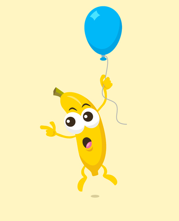 Illustration of a cute flying banana mascot pointing at something. Isolated on light background.のイラスト素材