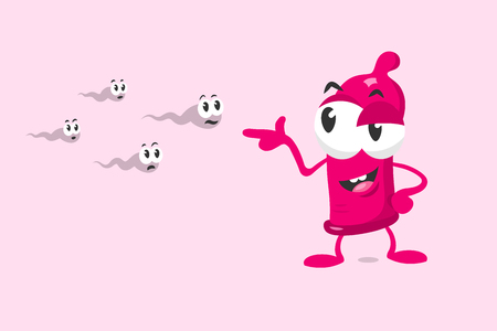 Cute condom mascot shoots on sperms. Isolated on light background.のイラスト素材