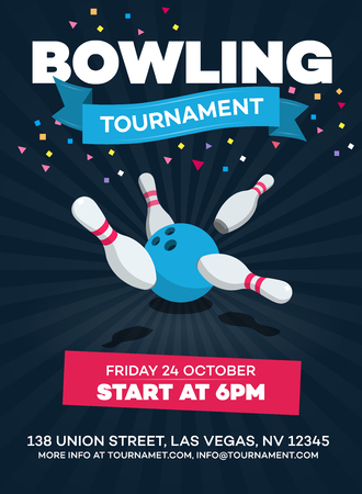 Vector bowling tournament poster with scattered skittle and bowling ball isolated on dark background with transparent shadows.のイラスト素材