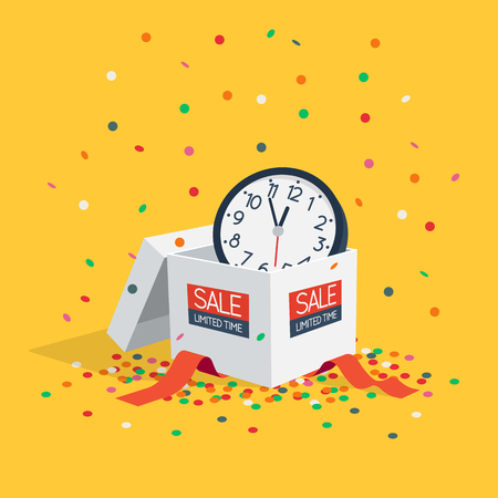Special limited time sale symbol with white gift box, wall clock and flying confetti isolated on yellow background. Easy to use for your design with transparent shadows.のイラスト素材