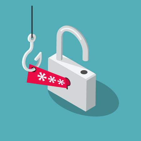 Phishing Scam vector symbol with padlock, red security password and fishing hook isolated on blue background. Flat design, easy to use for your website or presentation.のイラスト素材