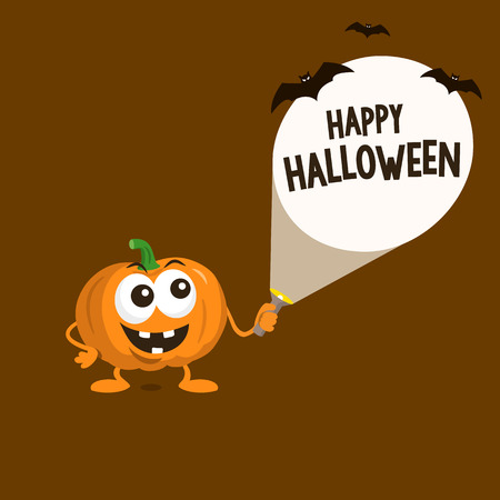 Halloween illustration with a funny cartoon pumpkin shining and a flashlight at a wall. Flat design illustration.のイラスト素材