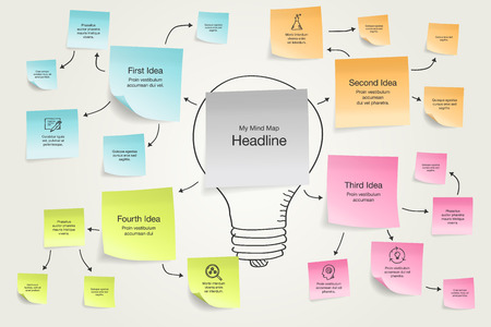 Simple infographic image of a cartoon icon with a colorful sticky notes and hand drawn icons. Easy...