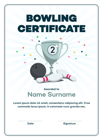 Modern second-place bowling certificate with a silver winning cup and place for your content. Isolated on white background with transparent shadows.のイラスト素材