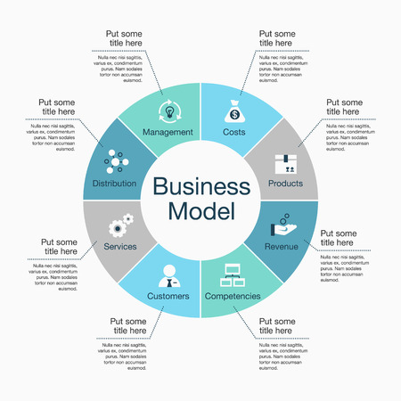 Infographics for business model template with colorful pie chart and icons, isolated on light background. Easy to use for your website or presentation.のイラスト素材