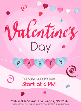 Happy Valentine's Day poster invitation template with hearts and rose petals. Paper cut style. Easy to use for your website or invitation card.のイラスト素材