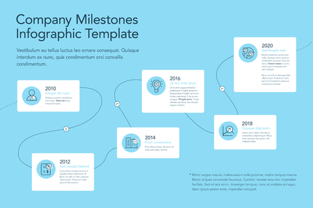 Modern infographic for company milestones timeline with icons, notes and place for your content. Easy to use for your website or presentation isolated on blue background.のイラスト素材