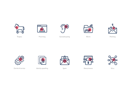 Set of stroke computer virus icons with red accent isolated on light background. Contains such icons Trojans, Spam, Phishing, Denial of service and more.のイラスト素材