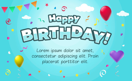 Happy birthday card with colorful balloons, ribbons and place for your content, isolated on blue background.のイラスト素材