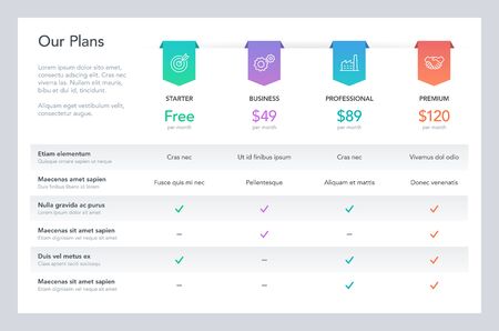 Modern pricing comparison table with four subscription plans and place for description. Flat infographic design template for website or presentation.のイラスト素材