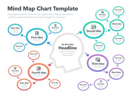 Modern infographic for mind map visualization template with head and main symbol, colorful circles and icons. Easy to use for your design or presentation.のイラスト素材