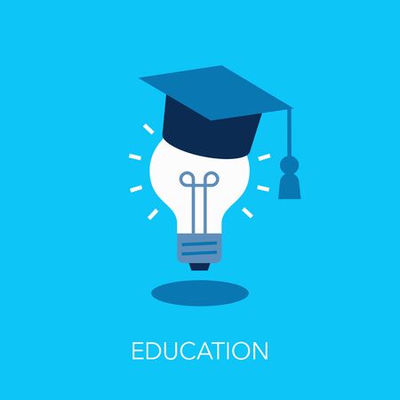 Education flat symbol with graduation cap and light bulb. Easy to use for your website or presentation.のイラスト素材