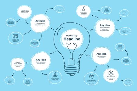 Hand drawn infographic for mind map visualization template with light bulb as a main symbol - blue...
