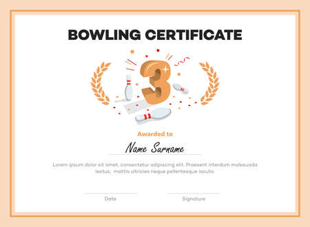 Modern third place bowling certificate diploma with place for your content. Isolated on white background.のイラスト素材