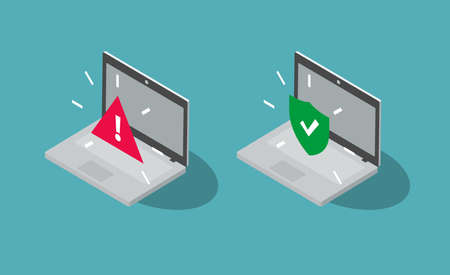 Infected and protected computer symbols, isolated on blue background. Flat design, easy to use for...