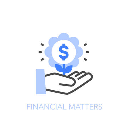 Financial matters symbol with a human hand and a growing dollar coin. Easy to use for your website or presentation.のイラスト素材