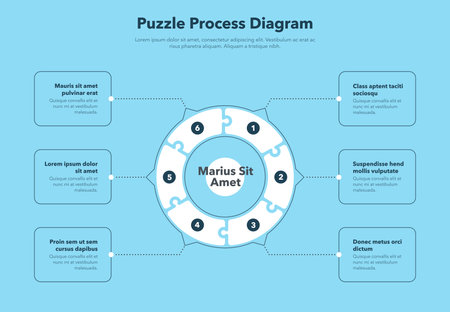 Simple concept for puzzle process diagram with six steps and place for your description - blue version. Flat infographic design template for website or presentation.のイラスト素材