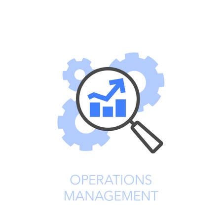 Operations management symbol with cogwheels and a magnifier with a growing efficiency curve. Easy to use for your website or presentation.のイラスト素材