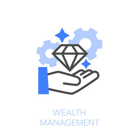 Wealth management symbol with a human hand, a diamond and cogwheels. Easy to use for your website or presentation.のイラスト素材
