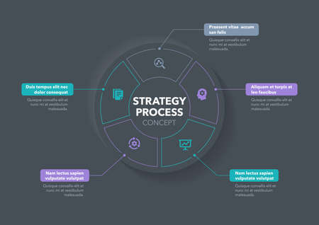 Modern concept for strategy process visualization with five steps and place for your description - dark version. Easy to use for your website or presentation.のイラスト素材
