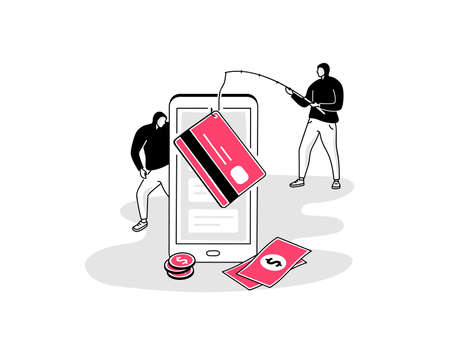 Illustration of credit card fraud symbol with a smartphone and two hackers. Easy to use for your website or presentation.のイラスト素材