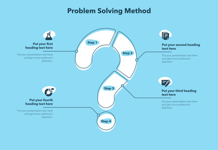 Problem solving method template with four steps and question mark as a main symbol - blue version. Slide for business presentation.のイラスト素材