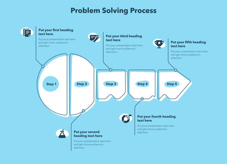 Problem solving process template with five steps and a key as a main symbol - blue version. Slide for business presentation.のイラスト素材