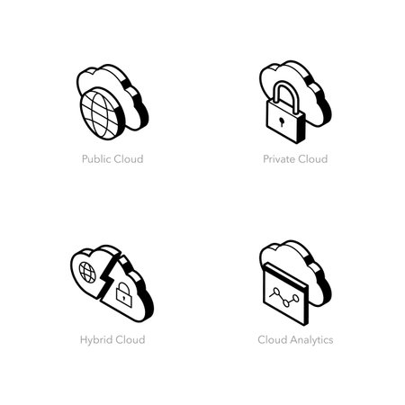 Simple set of cloud computing icons. Contains such symbols as Public, Private, Hybrid Cloud and Analytics.のイラスト素材