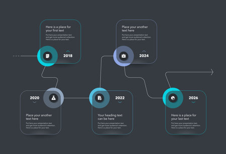 Timeline infographic template with five steps - dark version. Simple chart design with icons and thin lines for workflow layout, banner or web design.のイラスト素材