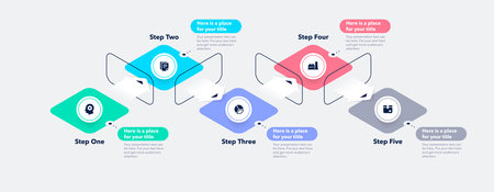 Modern infographic process diagram with five steps. Isometric chart design for workflow layout, banner, web design.のイラスト素材