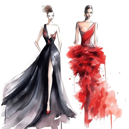 Watercolor fashion illustration of two beautiful women in black and red dress.の写真素材