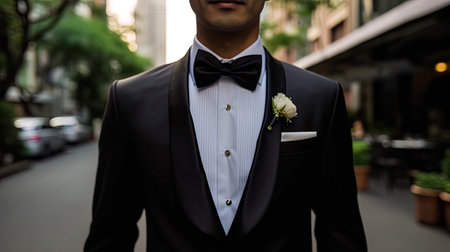 groom with a bow tie and boutonniere in the cityの写真素材