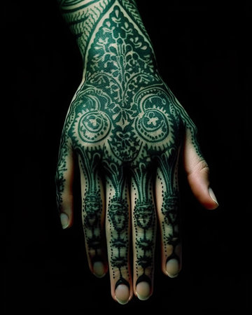 Henna tattoo on the hand of a woman on a black backgroundの写真素材