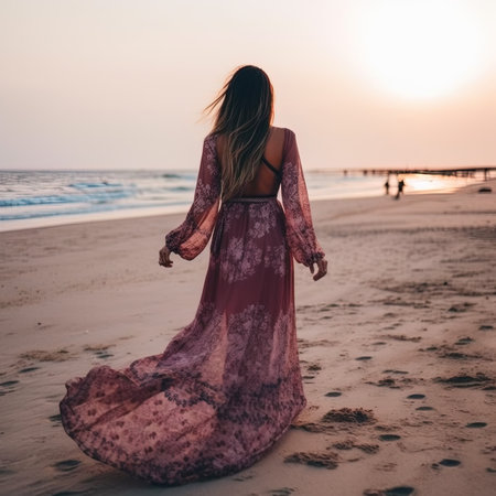 Beautiful young woman in a long pink dress on the beach at sunsetの写真素材
