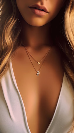 Close-up portrait of a beautiful young woman with a necklace.の写真素材