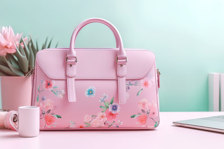 Pink handbag and laptop on pink table in front of green wallの写真素材