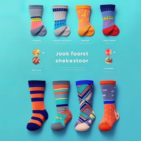 Set of colorful socks on blue background. Flat lay, top view.の写真素材